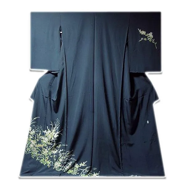訪問着 本加賀友禅 南克治作 四季の花 新品 正絹 最高級 浜ちりめん生地 紺色 フォーマル 袷 結婚式 入学式 卒業式 入園式 卒園式 未仕立て 仮絵羽 礼装 着物