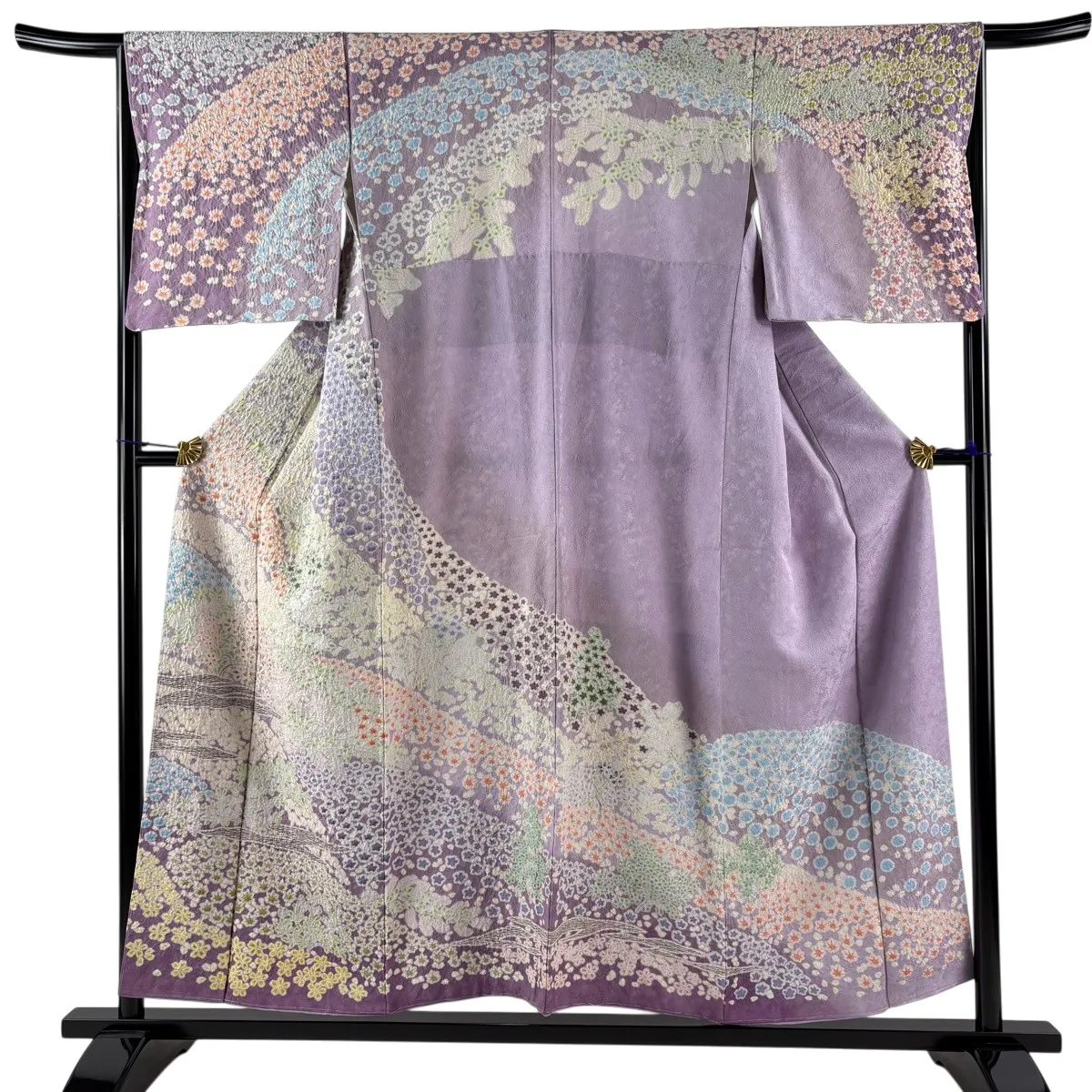 訪問着 身丈156cm 裄丈66cm M 袷 草花 銀通し 金糸 薄紫 正絹 逸品 【中古】