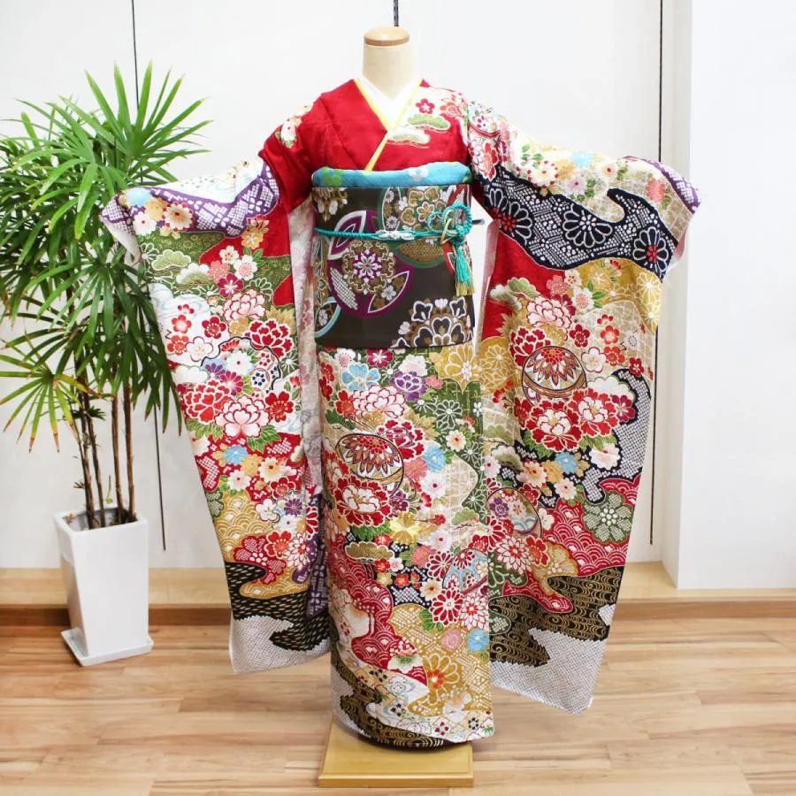 お仕立て付き 新品 振袖 フルセット一式 販売 正絹 仮絵羽 成人式 結婚式 卒業式 赤 鞠 絞り風 牡丹 菊 桜 花柄 古典 着物
