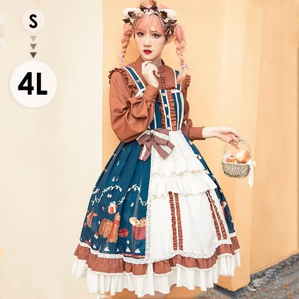 ロリータワンピース 長袖 クラロリ 秋冬 膝丈 リボン レディース lolita ロリータ トップス 小柄 可愛い 着やせ ゴスロリ 小柄 可愛い 学生