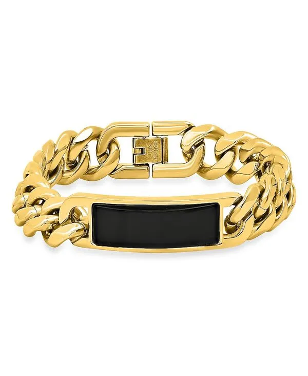 スティールタイム メンズ アクセサリー ブレスレット・バングル・アンクレット Tシャツ STEELTIME Men 18K Gold Plated and Stainless Steel with Simulated Onyx ID Cuban Link Bracelet Two Tone ゴールド