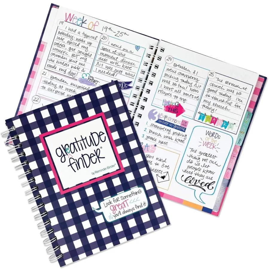 Denise Albright Gratitude Finder〓 52 Week Non-Dated Journal for Women, Teens ＆ Girls with 165 Hand-Illustrated Stickers (Gingham Navy)