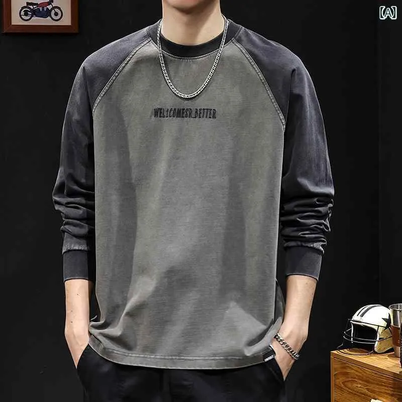 カラー ブロック 長袖 Tシャツ 男性用 春秋 綿 アメリカ メンズ ラウンドネック インナーウェア L サイズ カジュアル