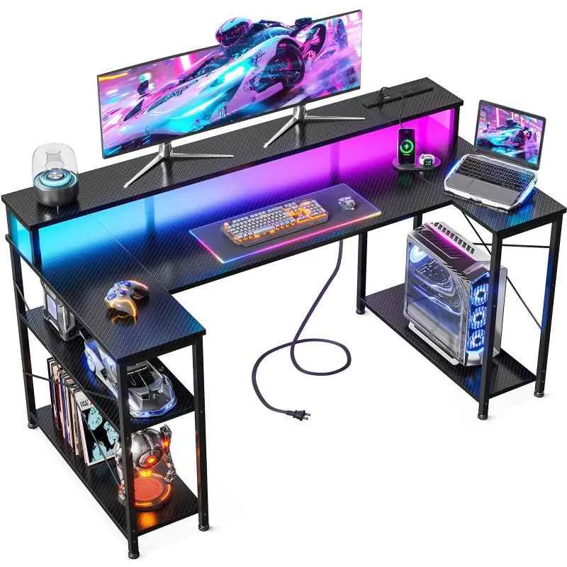 AODK ゲーミングデスク ゲームデスク パソコンデスク U字型 幅120/140cm 両側ラック\u0026amp;コンセント付き 机 pcデスク gaming desk ゲーミングテーブル LED\u0026amp;モニター台付き 左右入れ替え対応 おしゃ