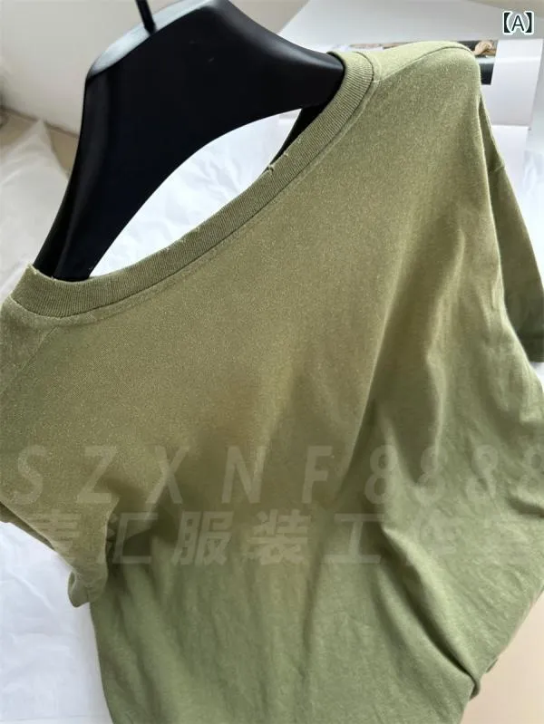 Tシャツ レディース 秋冬 コットン リネン 混紡 ゆったり ラウンドネック ダメージ加工 オリーブグリーン3