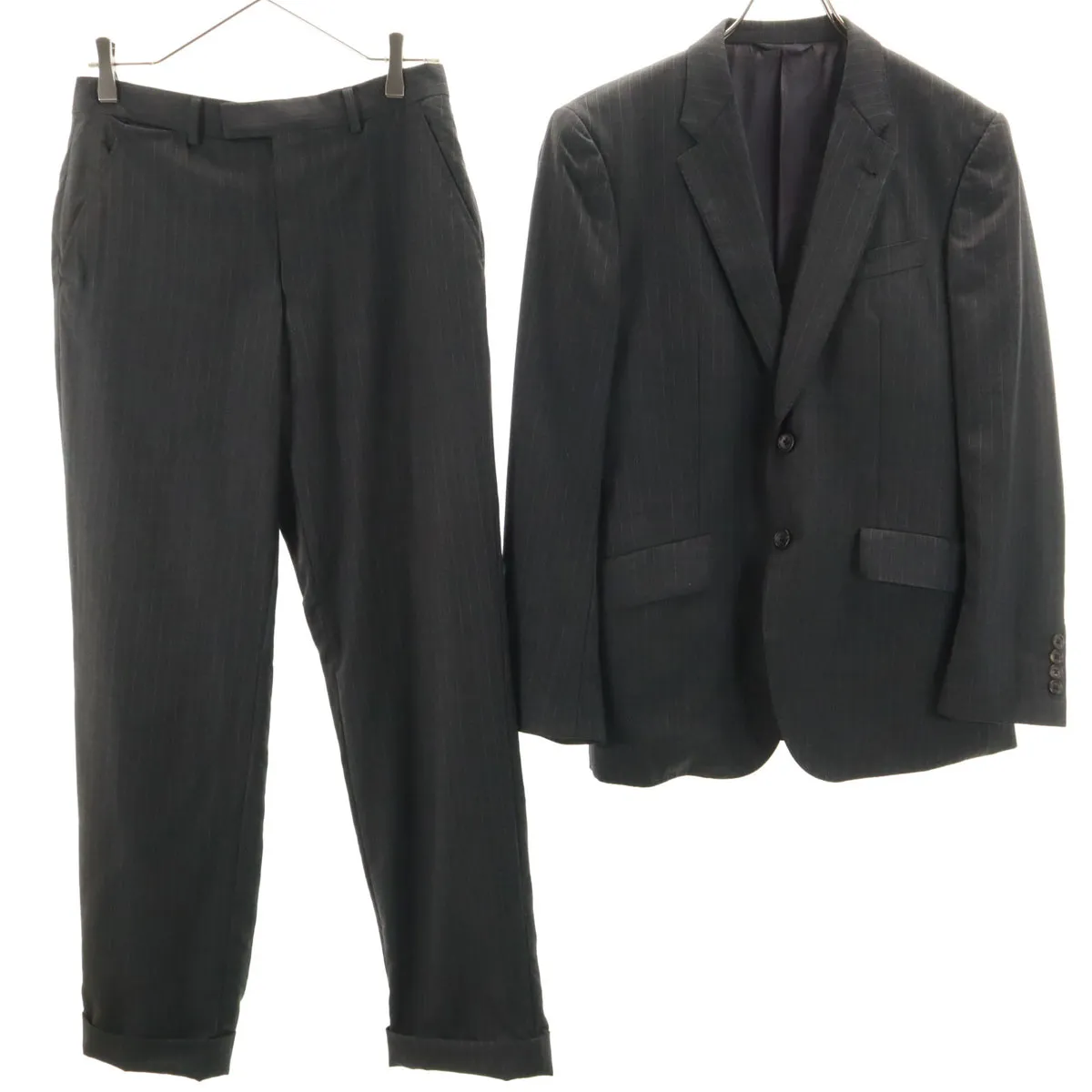 古着 Paul Smith ポールスミス 日本製 ウール ストライプ柄 スーツ 上下 セットアップ M グレー 衣装カバー付き メンズ 【中古】