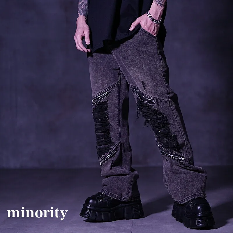 V系 デニムパンツ メンズ デニム ワイドパンツ ダメージ フレアパンツ ジーパン バンド パンク ゴスロリ ワイドデニム ジップ ファッション 太い 太め レディース ブラック モード系 ブラック 黒 ストリート系 ストリートファッション 韓国 韓流 原宿系 オズ Oz【送料無料】