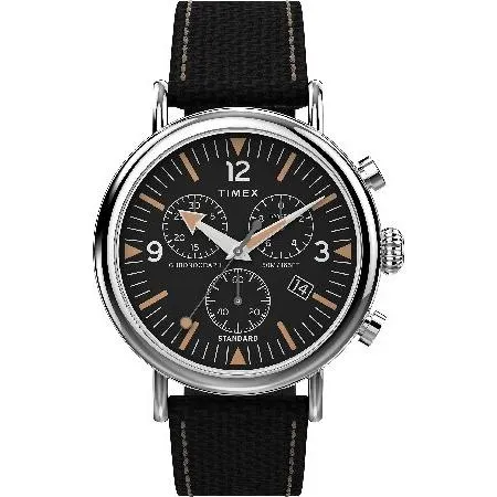 【並行輸入品】 Timex メンズ クロノグラフ 41mm 腕時計, ブラック/ブラック/シルバートーン。, One Size, 41mm標準クロノレザーコンボストラップウォッチ。