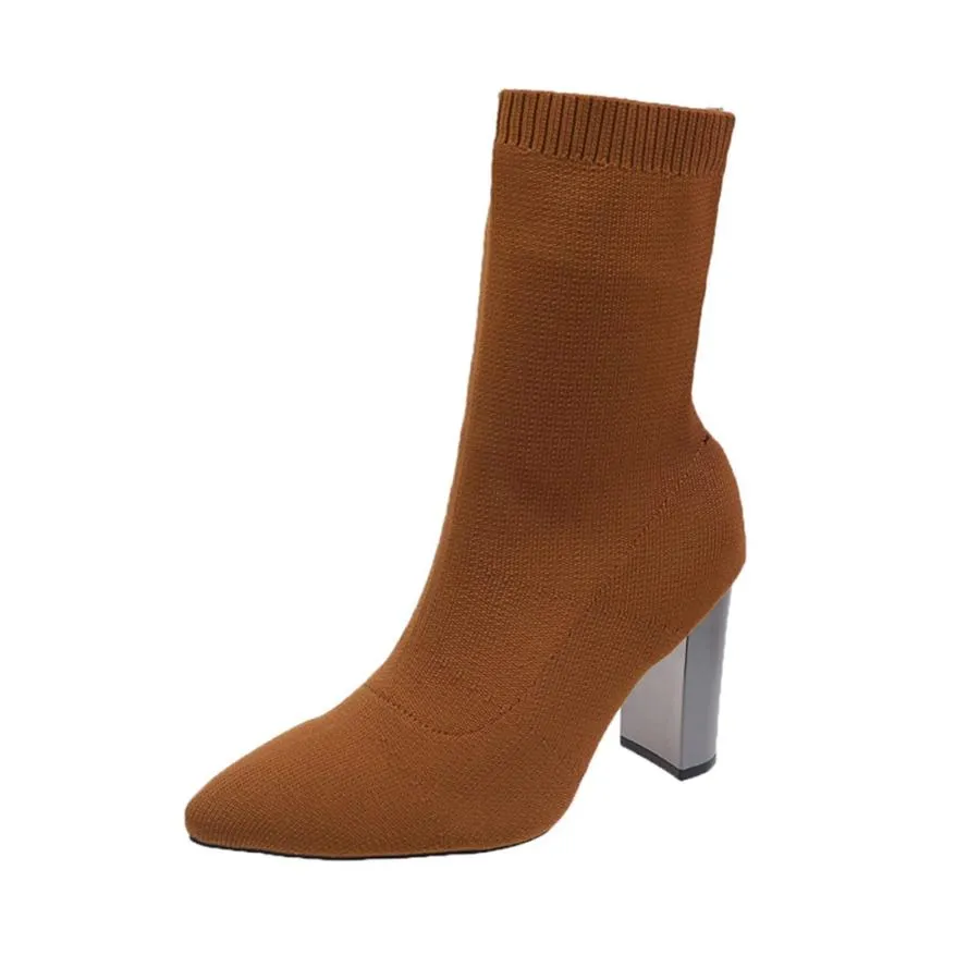 【並行輸入品】Tan Boots for Women Ankle Stretch Knit Comfortable Simple Pointe