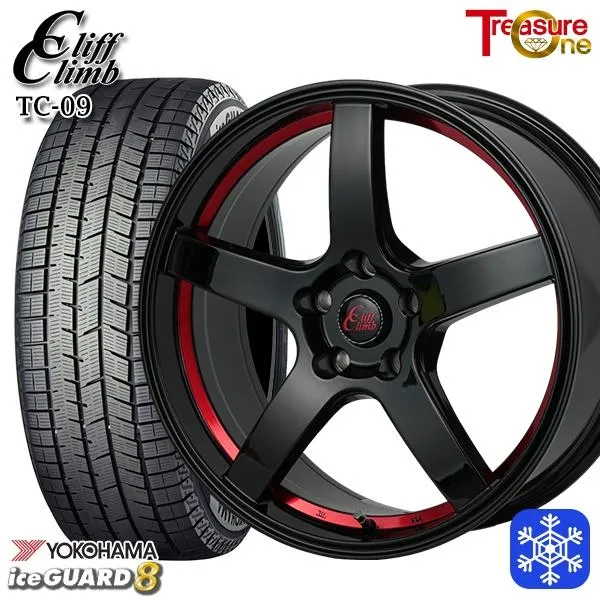 235/50R18インチ ヨコハマ アイスガード IG80 5H114.3 スタッドレスタイヤホイール4本セット トレジャーワン クリフクライム TC09 RED