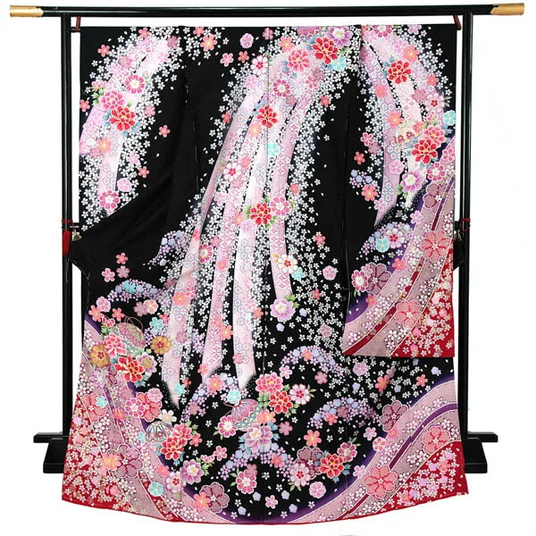 未仕立て 振袖 単品 「黒地　熨斗に桜、牡丹に手毬」 仮絵羽 振り袖 正絹 着物 レディース 成人式 結婚式 結納 パーティー 晴れ着 (メール便不可)