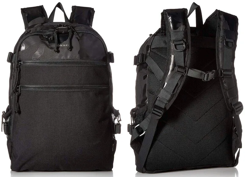 DIESEL ディーゼル リュックサック<br>迷彩柄コンビネーション<br>アイコニックカモフラージュ<br>ソリッドカラー×カラーブロック<br>コーデュラナイロン素材<br>ブラック カバン バック DAYBAG BAG H6103BK