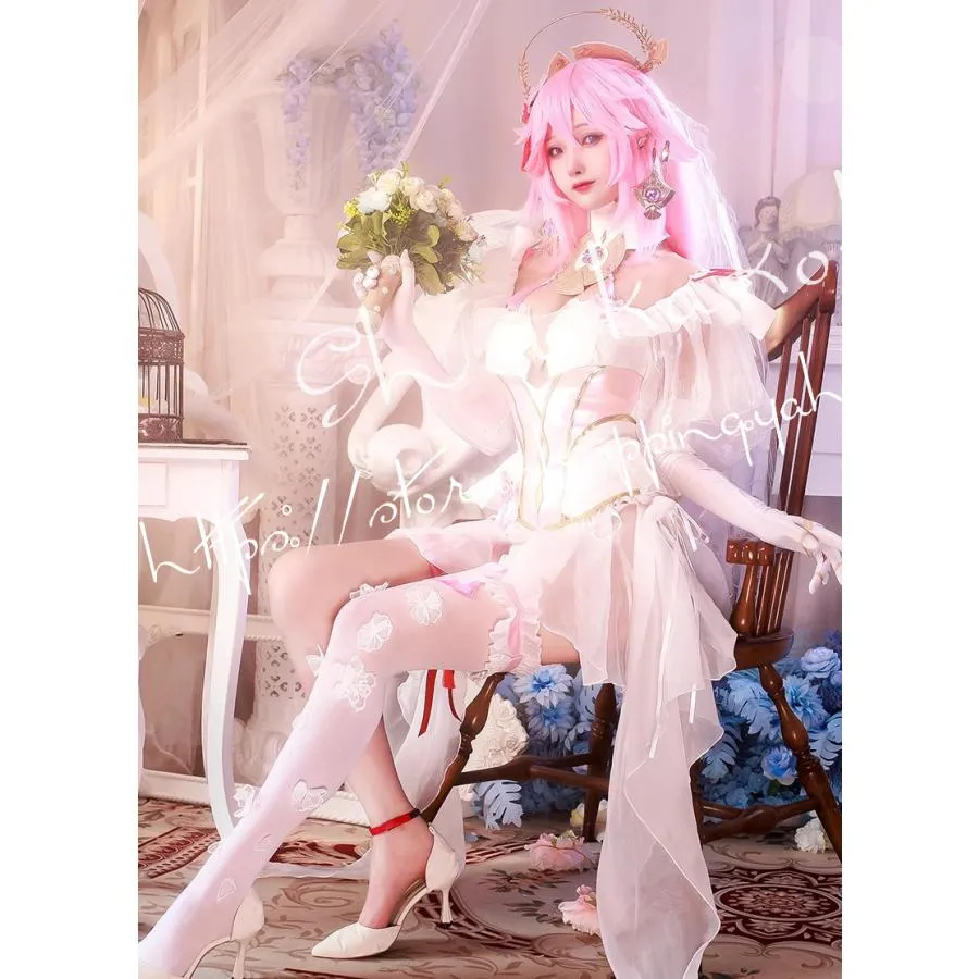 原神 げんしん genshin  風 やえみこ 八重神子 同人花嫁服コスプレ衣装 ウィッグ  靴 cosplay ハロウィン 変装 仮装 コスチューム 学園祭 文化祭 漫遊展