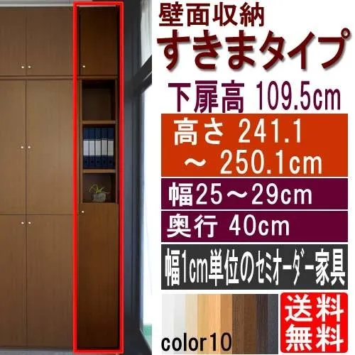 天井つっぱり隙間収納 収納家具 高さ２４１．１〜２５０．１ｃｍ幅２５〜２９ｃｍ奥行４０ｃｍ厚棚板(棚板厚2.5cm) 下扉高さ109.5cm