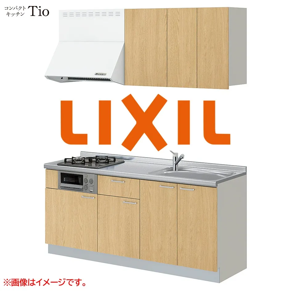 間口1650mm 2口ガスコンロ ミニキッチン コンパクトキッチン コンログリルレス LIXIL リクシル Tio ティオ 壁付I型 扉デザイン グループ1 B5シリーズ 木目(つや消し) カラー(プレーンオーク) ハンドル取手【送料無料】
