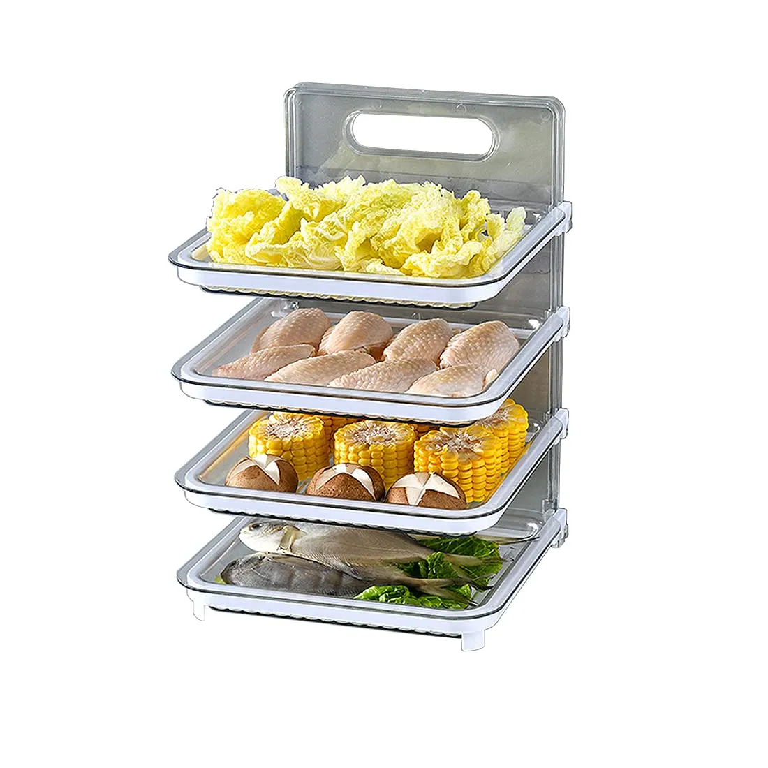 壁掛け調理食材オーガナイザー - 4層 - BPAフリー - 折りたたみ式調理トレイ棚セット キッチンカウンター用サイドディッシュオーガナイザー (透明ホワイト)
