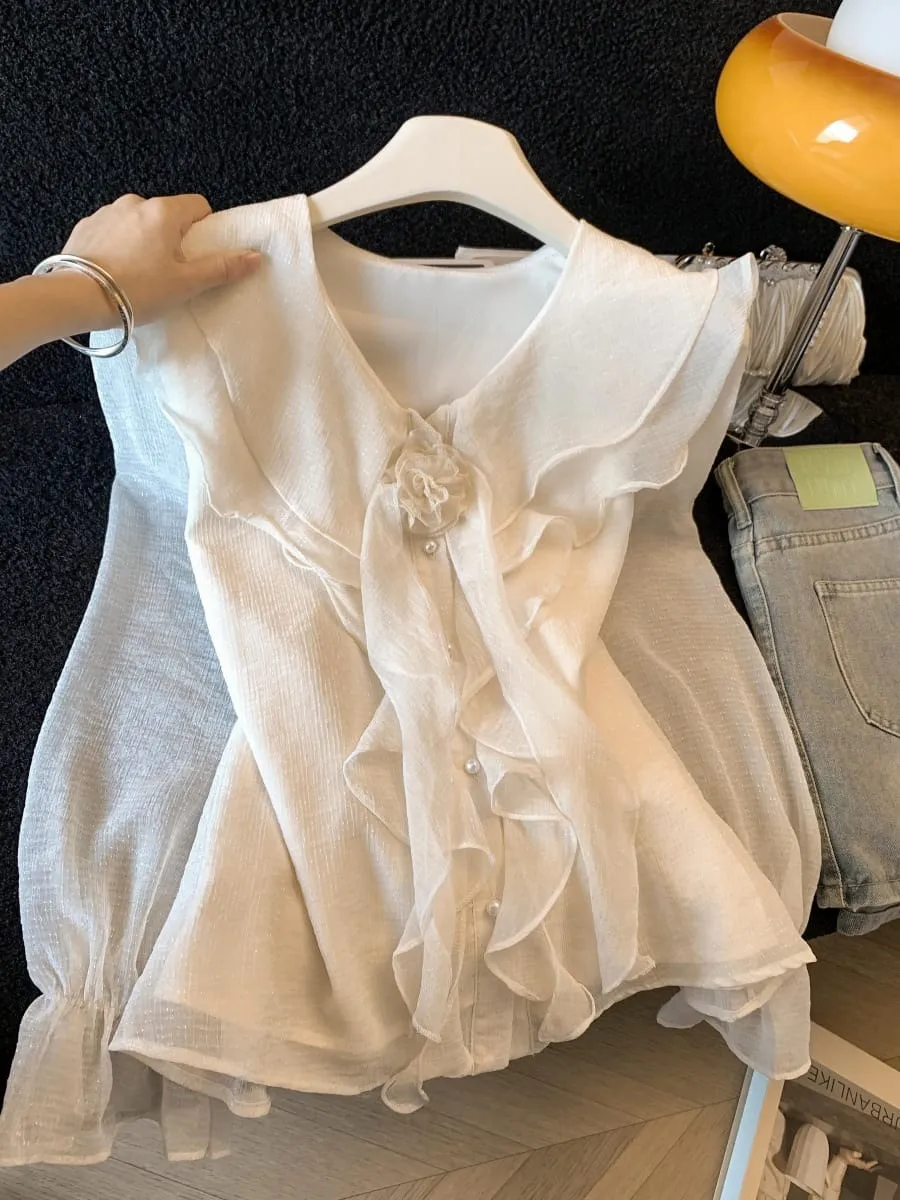 ブラウス レディース 長袖 フリル Vネック シアー素材 ラメ入り きれいめ 上品 華やか お呼ばれ パーティー 結婚式 二次会 デート フェミニン トップス ホワイト