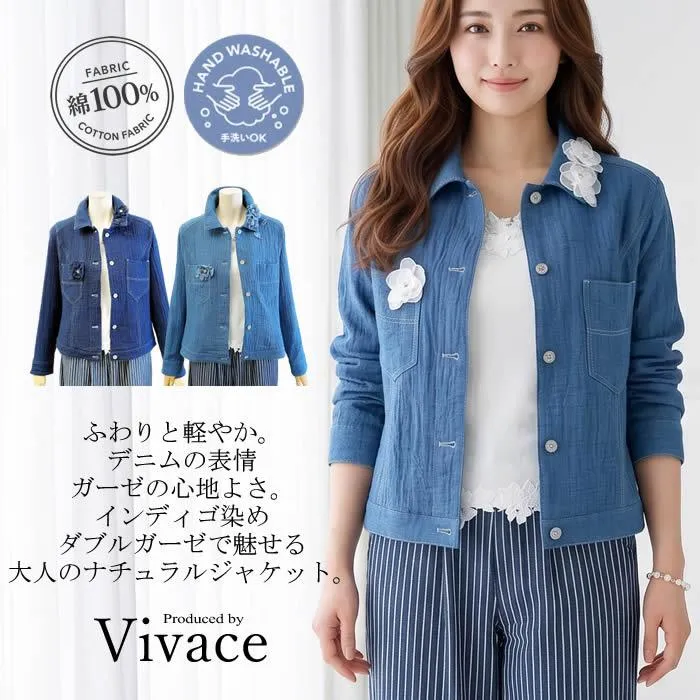 ビバーチェ Vivace ビーズ花インディゴ先染めダブルガーゼジャケット 日本製 洗える   綿100% 春 夏 長袖 レディース シャツ ガーゼ デニム風 紺 ブルー カーデ