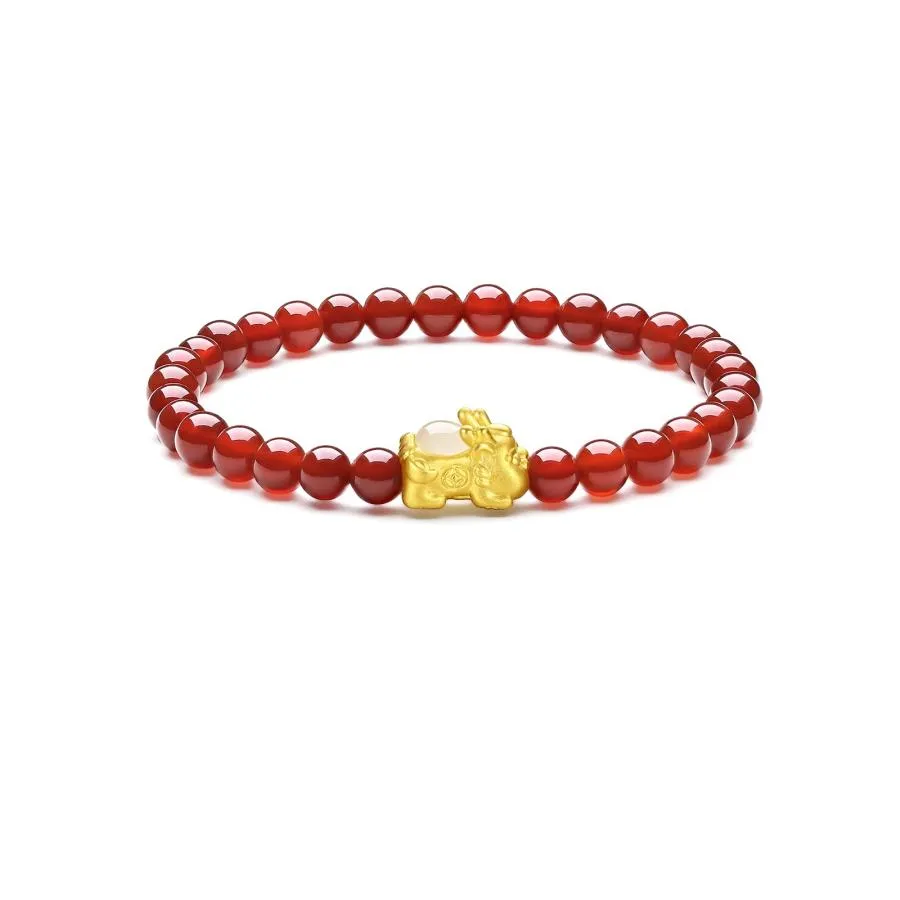 【並行輸入品】[ZHOU LIU FU] 24K ソリッドゴールドブレスレット、女性用、24金貔貅ブレスレット、調節可能な赤瑪瑙ビーズブレスレッ
