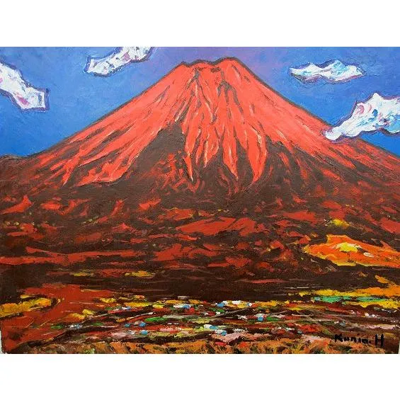 油絵 油彩画 洋画 (油絵額縁付きで納品対応可) M4号 「赤富士」 半澤 国雄
