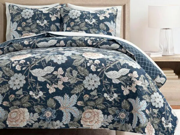 【キング】 Lush Decor ラッシュ・デコール Sydney リバーシブル・キルト3点セット  （ネイビー＆マルチ） 233×274cm 薄手掛け布団1枚＆枕カバー2枚 寝具