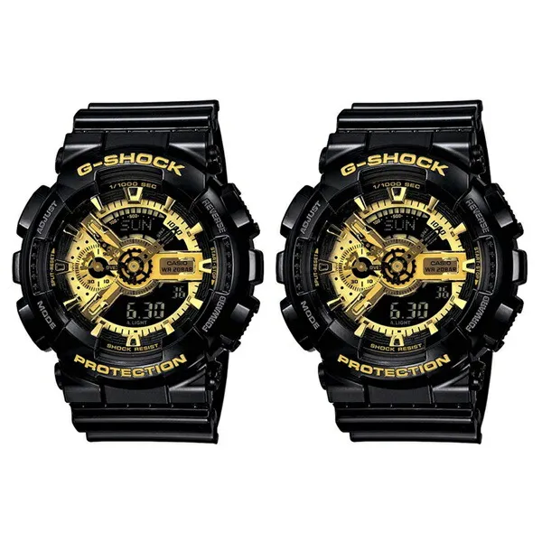 再入荷 カシオ 時計 ペアウォッチ 腕時計 手表 Gショック G-SHOCK ジーショック タフネスな二人 カップルおすすめペア 強い耐久性 アナデジ 黒金 ブラック×ゴールド GA-110GB-1AGA-110GB-1A お洒落 記念日 成人 卒業 入学