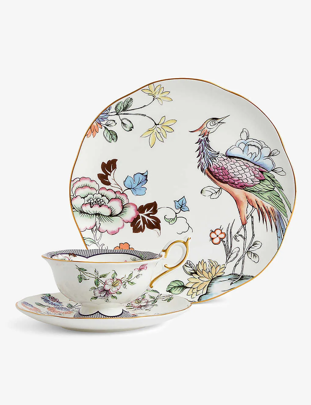WEDGWOOD 縁起物の花と鶴をモチーフにしたボーンチャイナ3個セット Fortune flowers and crane-motif bone-china set of three