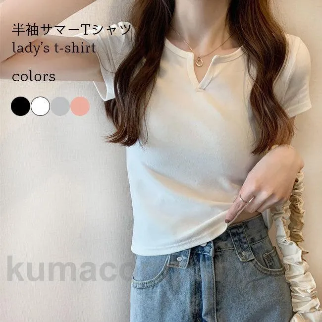 Tシャツ 半袖 レディース 夏 Tシャツ 細身 カットソー クルーネック 半袖Tシャツ オフィス 夏Tシャツ 無地 トップス ホワイト ブラック