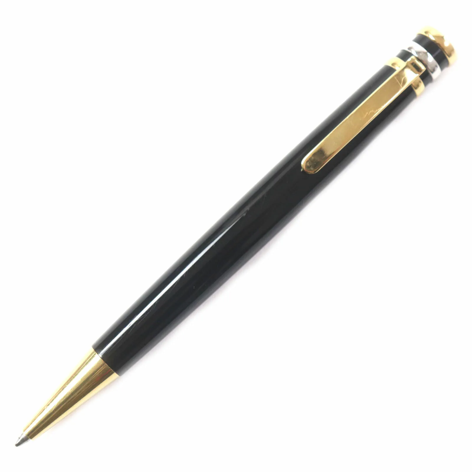 良品▼Cartier カルティエ トリニティ ロゴ刻印入り ツイスト式 ボールペン ブラック ゴールド ケース付き フランス製 メンズ 筆記確認済み【中古】