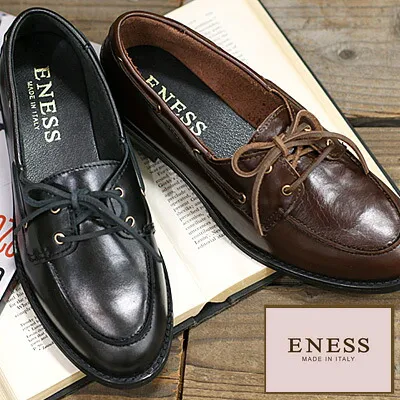 ENESS LEATHER SHOES NERO(BLACK)・CHOCOLATE(DK.BROWN)エネス  レザーデッキシューズ ローファー ブラック ダークブラウンクラッシック レースアップ フラット 大人革靴 通勤 オフィス