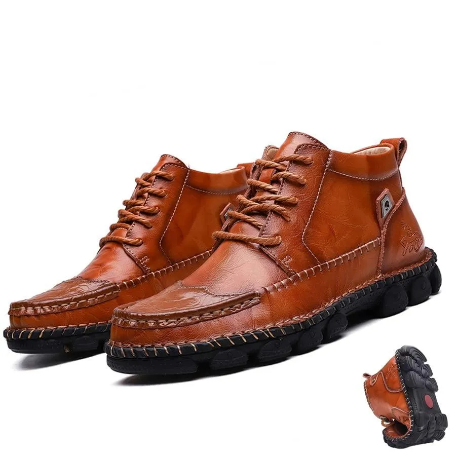 【並行輸入品】Mens Soft Leather Lace Up Loafers Mid Top Vintage Hand Stitching