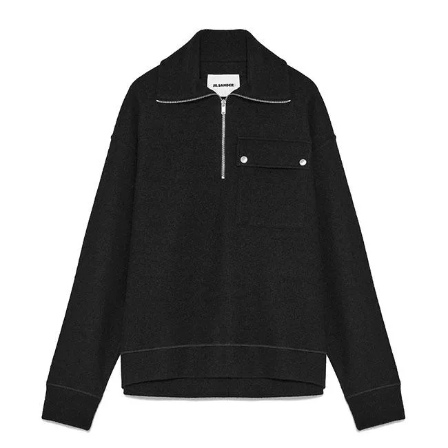 [TIME SALE] JIL SANDER+ ジルサンダープラス フェルトウール ポロカラー ハーフジップセーター J47GU0133 J41423 黒 メンズ