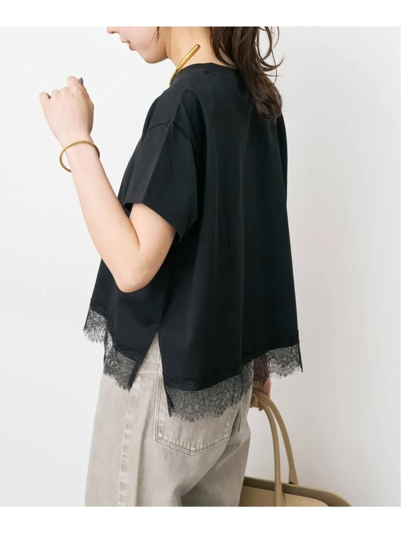 《追加予約》ヘムレース付きTシャツ Spick \u0026 Span スピックアンドスパン トップス カットソー・Tシャツ ブラック ホワイト【先行予約】*【送料無料】[ Fashion]