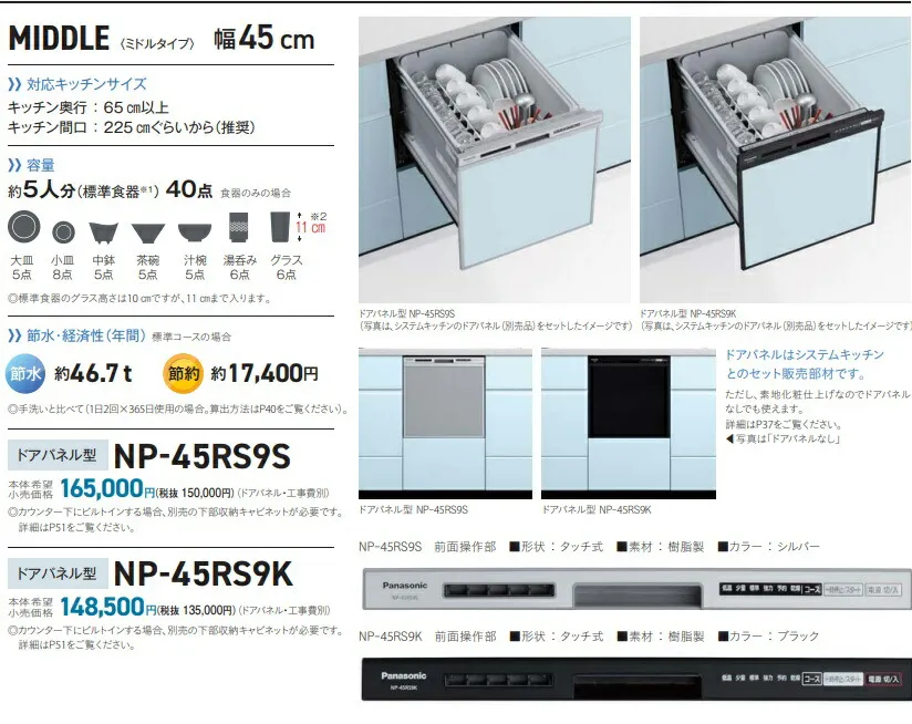 PANASONICビルトイン食洗機R9シリーズNP-45RS9K 「ドアパネルタイプ」 会社、個人事業主、店舗様限定。