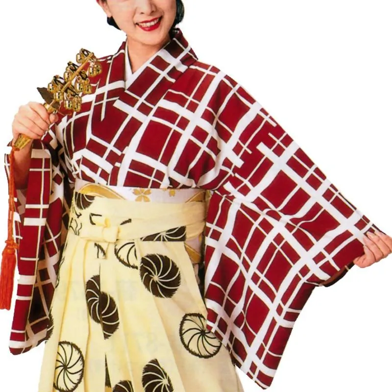 袴下着物 エンジ 格子柄B8732