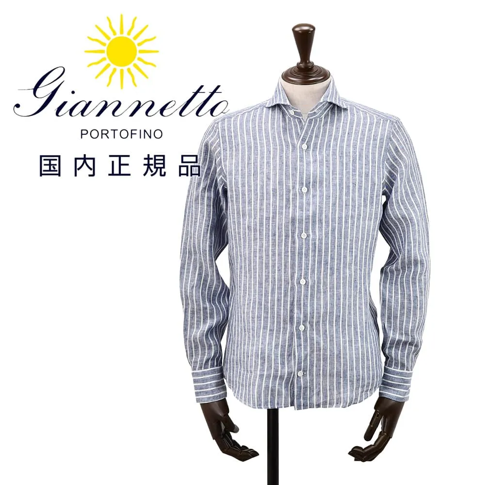 ジャンネット GIANNETTO 長袖カジュアルシャツ メンズ ストライプ柄シャツ リネン生地 ヴィンチフィット VINCI FIT ブルー×ホワイト 国内正規品