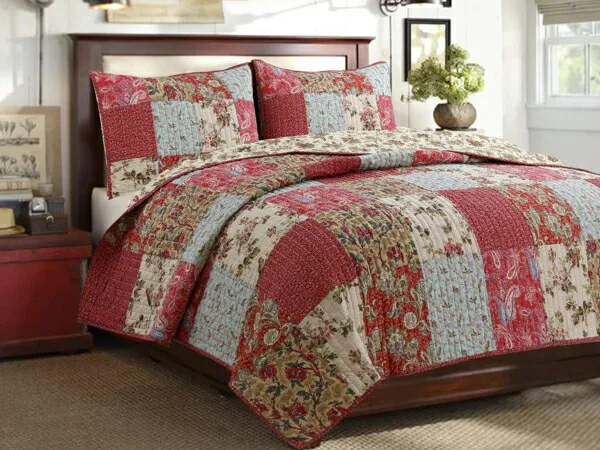 【キング】 Cozy Line Home Fashions キルト3点セット Floral Paisley （レッド/アクア） 269×233cm リバーシブル薄手掛け布団1枚＆枕カバー2 寝具