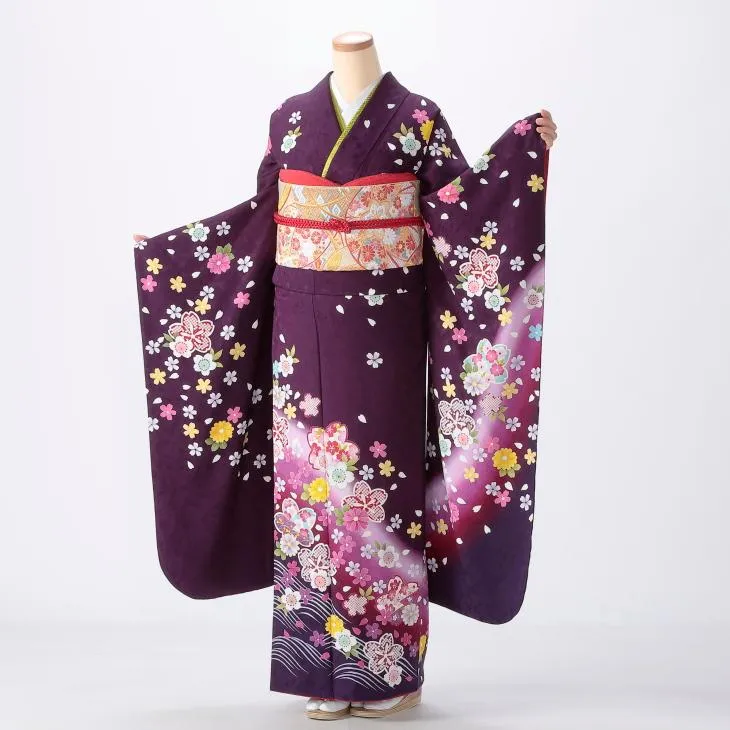 振袖 成人式 フルセット Lサイズ 花柄 紫系 着物 購入 正絹 結婚式 卒業式 セット 1411 爆買