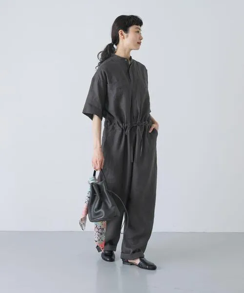 パンツ リネンハーフスリーブオールインワン レディース