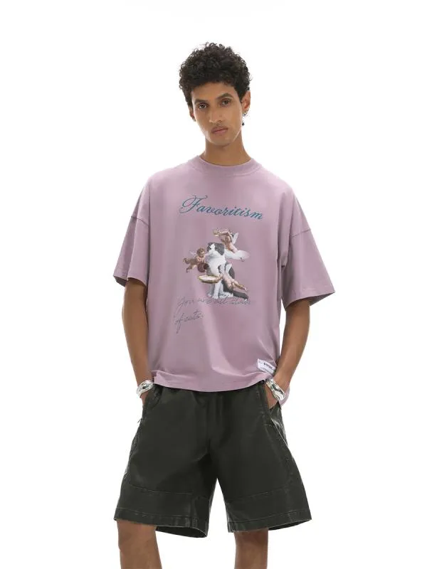 Tシャツ 天使猫プリント レトロ カジュアル ゆったり オーバーサイズ ドロップショルダー 半袖 ヘビーウェイト コットン ダークグリーン スモーキーピンク 春夏