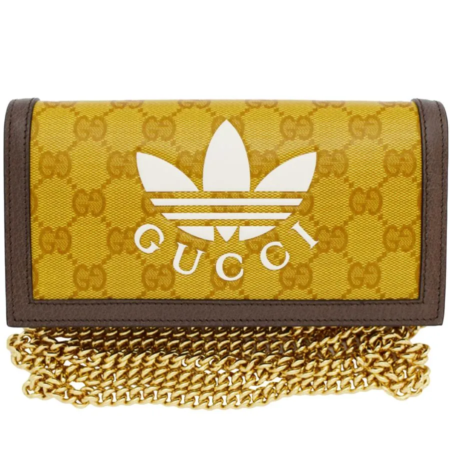 グッチ 財布 GUCCI 二つ折り長財布 チェーンウォレット レディース  アディダス コラボ  GGクリスタル イエローベージュ×ダークブラウン 621892