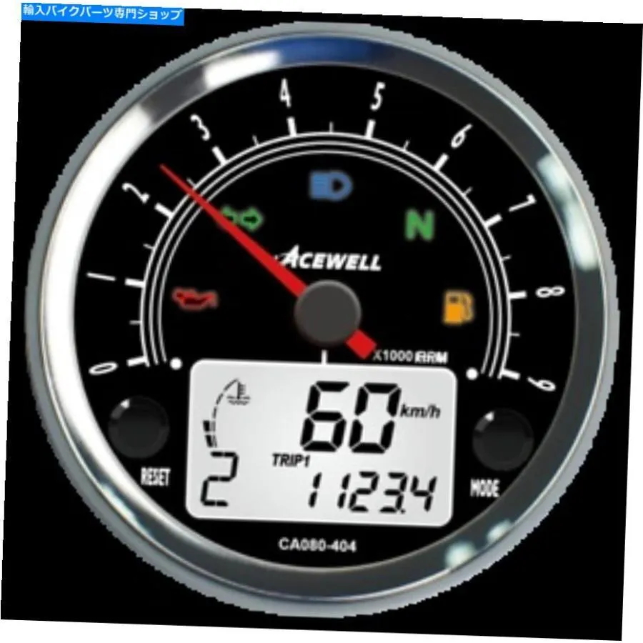クロームパーツ Acewell 80mmタコメータ9000rpmブラックフェイスクロームベゼルADR Acewell 80mm tachometer 9000rpm black face chrome bezel ADR