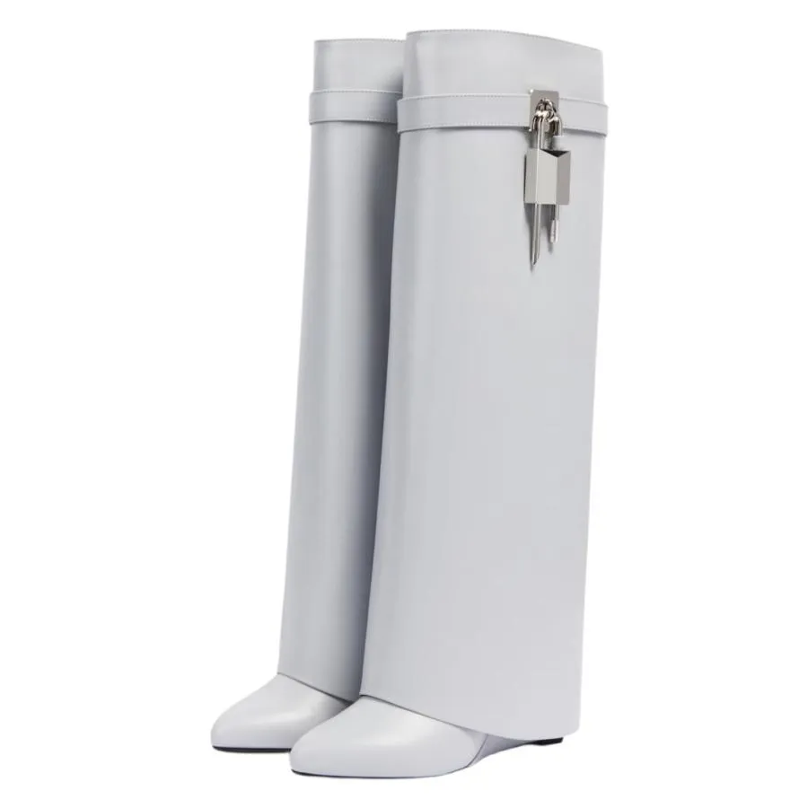 【並行輸入品】STALOV Fold Over Boots for Women Knee High Wedge Shark Boots Poi