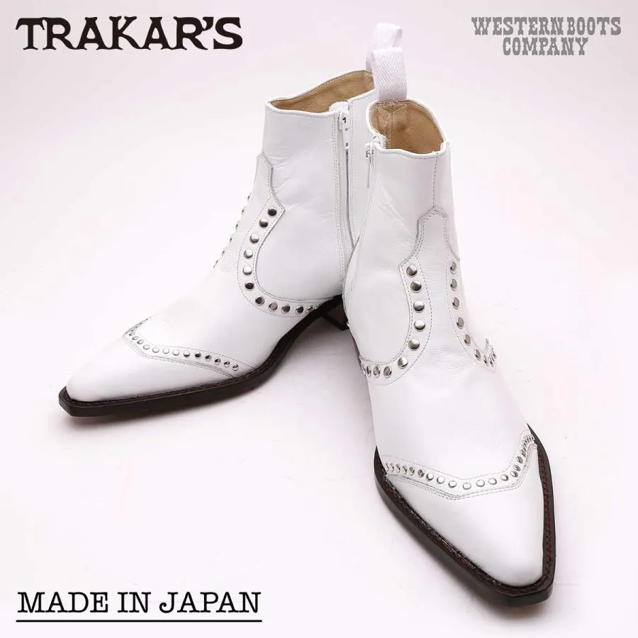 TRAKAR'S 14309 ホワイト×スタッズ 本革 ウエスタンブーツ  ショートブーツ ヒール カウボーイブーツ メンズ レディース