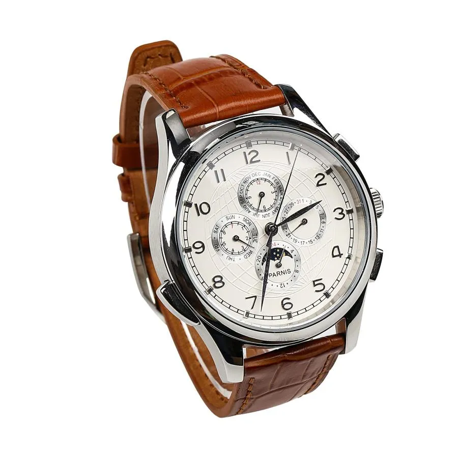 ホワイトGlobeダイヤルAutomaitc Self Wind Weel Chronometer Moon Phase女性男性ブラウンシルバー腕時計