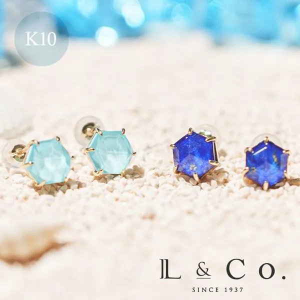 ピアス レディース トルコ ラピスラズリ クオーツ 六角形 ヘキサゴン K10 10金 スタッド L&Co.（エルアンドコー）