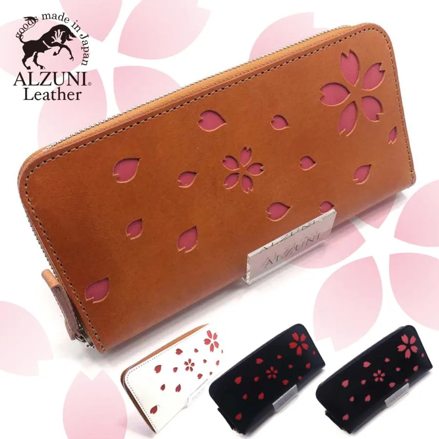 薄型 ラウンドファスナー財布 桜 サクラ 和柄 メンズ レディース 長財布  革 レザー 財布 ウォレット スリム スマート ヌメ革 サドルレザー