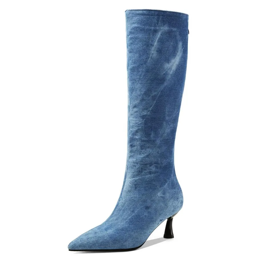 【並行輸入品】Elbslutt Women's Denim Mid Calf Boots Kitten Heel Pointed Toe Bo