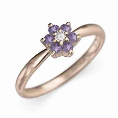 リング 10金ピンクゴールド 2月誕生石 アメシスト(紫水晶) フラワー 天然ダイヤモンド