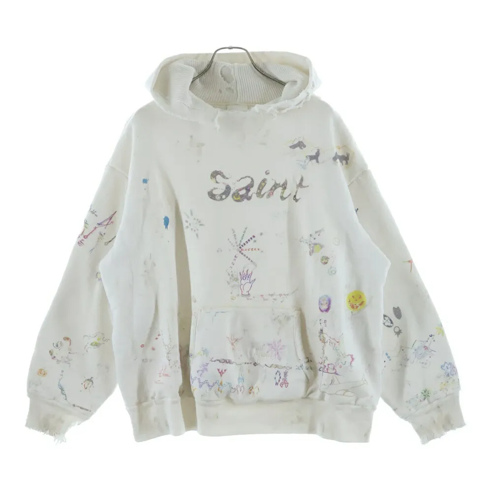 SAINT MICHAEL(セントマイケル) サイズ:L 26SS COCO_DOUBLE FACE HOODIE ダメージ加工 総柄プリント プルオーバーフーディー ホワイト SM-MK8-0000-C17【中古】【程度B】【カラーホワイト】【取扱店舗BRING札幌店】